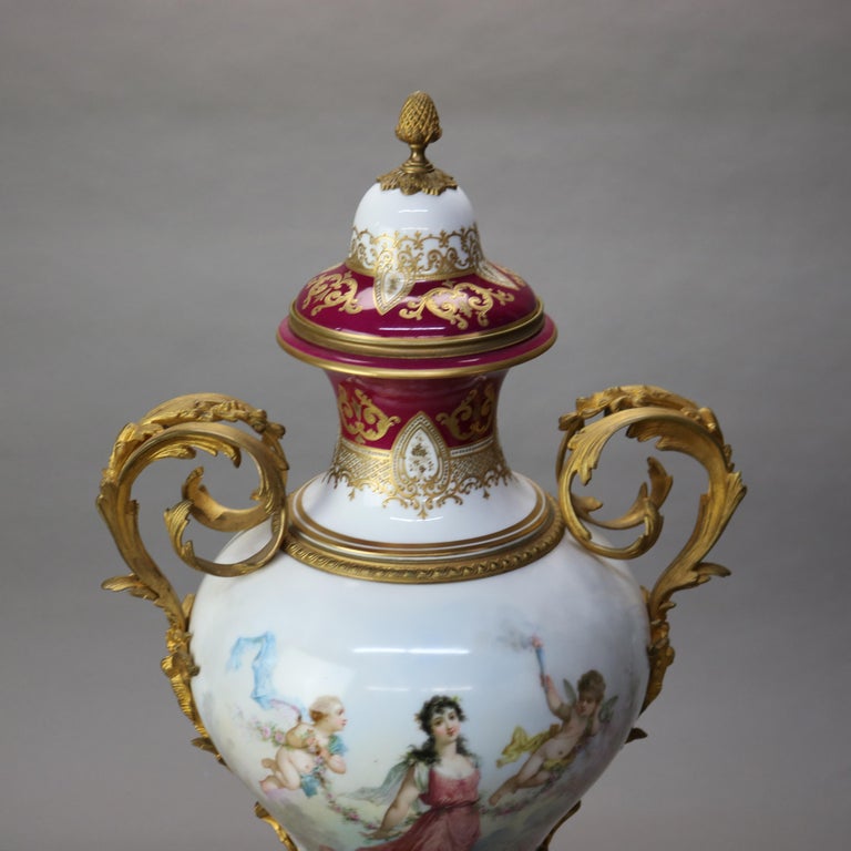 Antique French Sevres Louis XIV Style Porcelain & Ormolu Lidded Floor Urn c1890