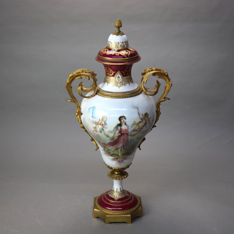 Antique French Sevres Louis XIV Style Porcelain & Ormolu Lidded Floor Urn c1890