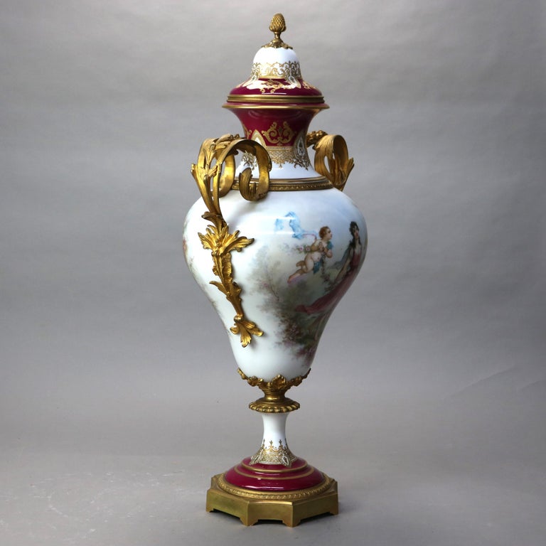 Antique French Sevres Louis XIV Style Porcelain & Ormolu Lidded Floor Urn c1890