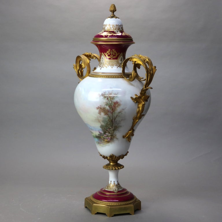 Antique French Sevres Louis XIV Style Porcelain & Ormolu Lidded Floor Urn c1890