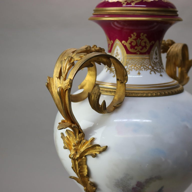 Antique French Sevres Louis XIV Style Porcelain & Ormolu Lidded Floor Urn c1890