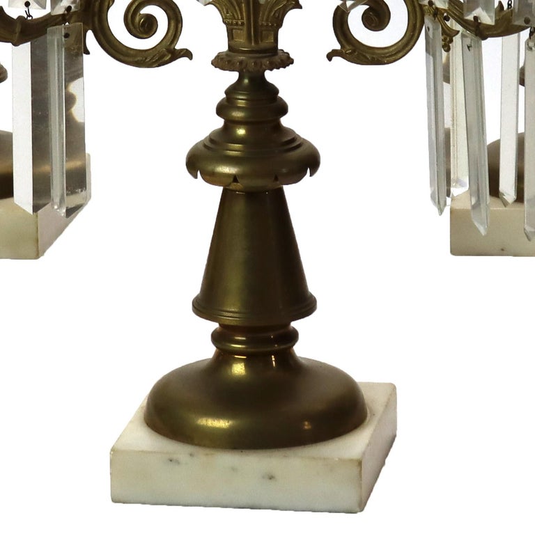 Three Piece Antique Bronze & Crystal Girandole Set With Marble Base c1900