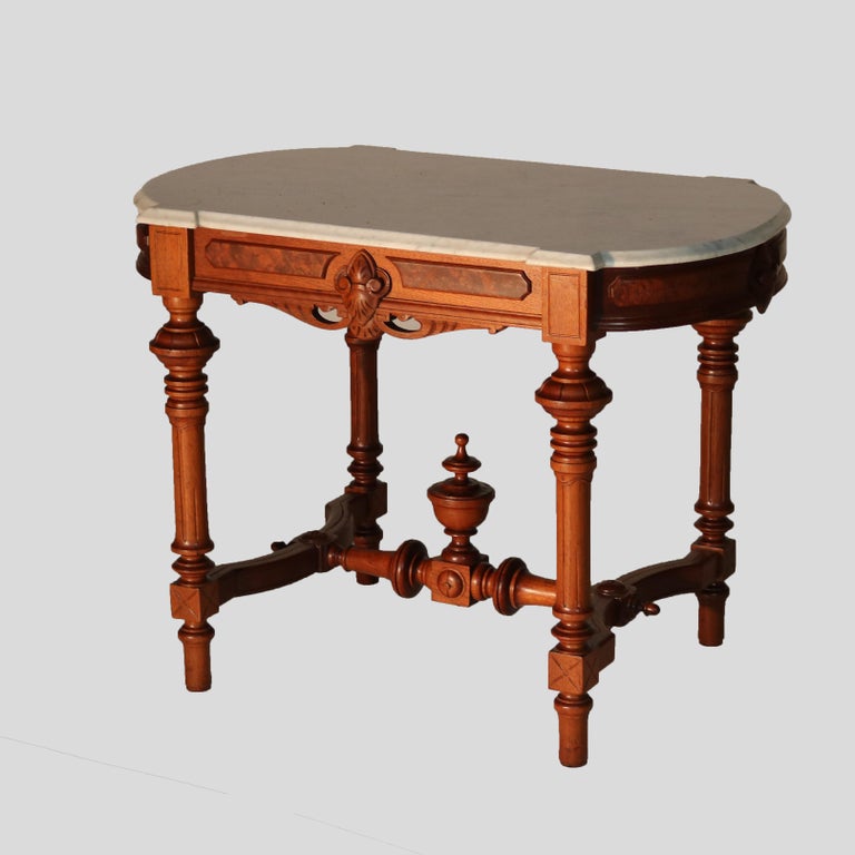 Brooks School Renaissance Revival Carved Walnut Burl & Marble Parlor Table c1880
