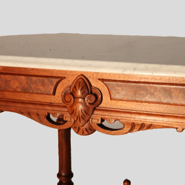 Brooks School Renaissance Revival Carved Walnut Burl & Marble Parlor Table c1880