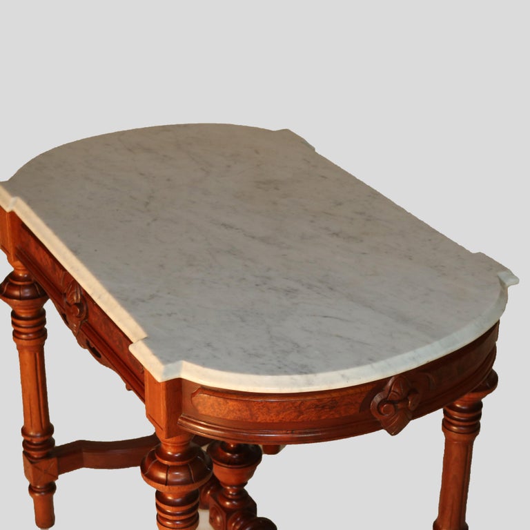 Brooks School Renaissance Revival Carved Walnut Burl & Marble Parlor Table c1880