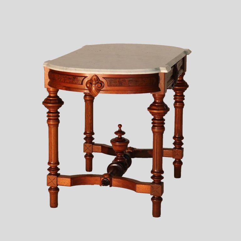 Brooks School Renaissance Revival Carved Walnut Burl & Marble Parlor Table c1880