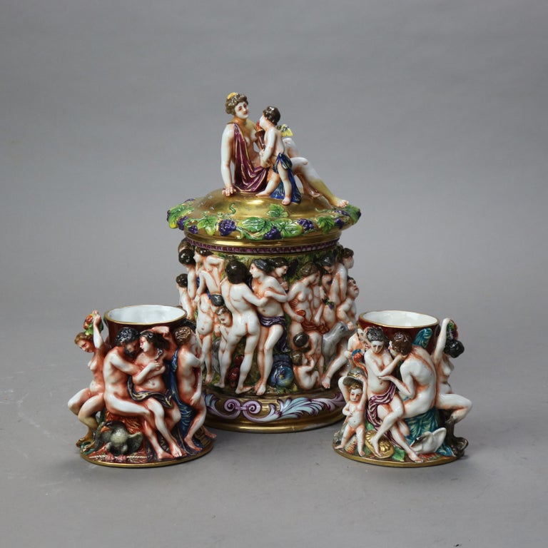 Antique Classical Capodimonte Figural Porcelain Set - One Lidded & Two Open Jars