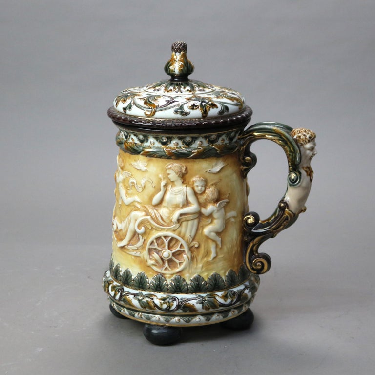 Large Antique Rorstrand Majolica Figural Porcelain Footed & Lidded Tankard c1890