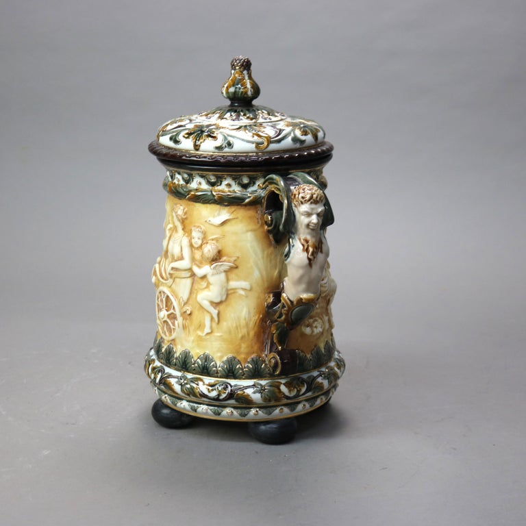 Large Antique Rorstrand Majolica Figural Porcelain Footed & Lidded Tankard c1890