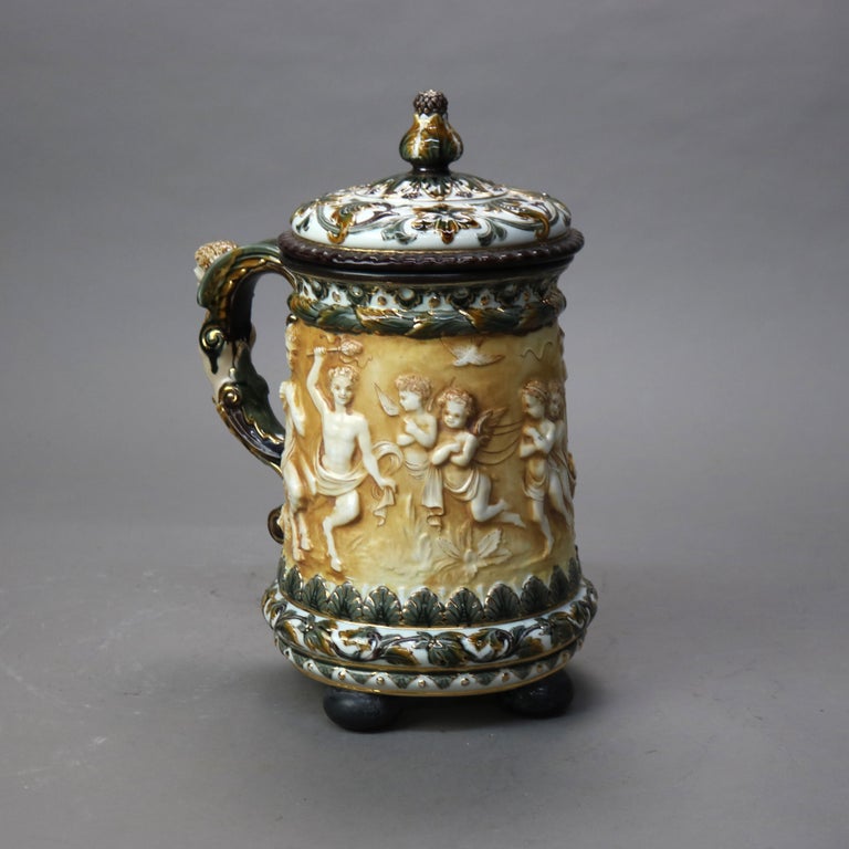 Large Antique Rorstrand Majolica Figural Porcelain Footed & Lidded Tankard c1890