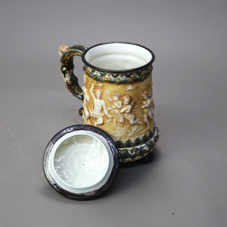 Large Antique Rorstrand Majolica Figural Porcelain Footed & Lidded Tankard c1890