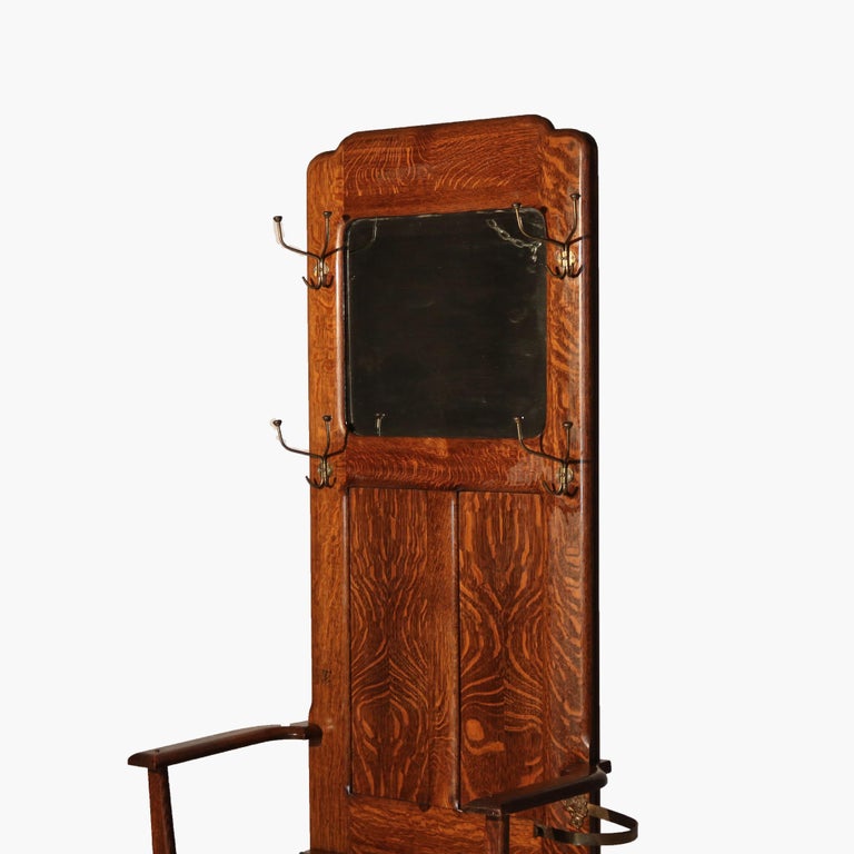 Antique Stickley School Arts & Crafts Oak Hall Seat with Mirror & Hook c1920