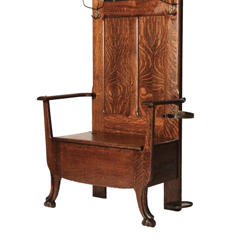 Antique Stickley School Arts & Crafts Oak Hall Seat with Mirror & Hook c1920