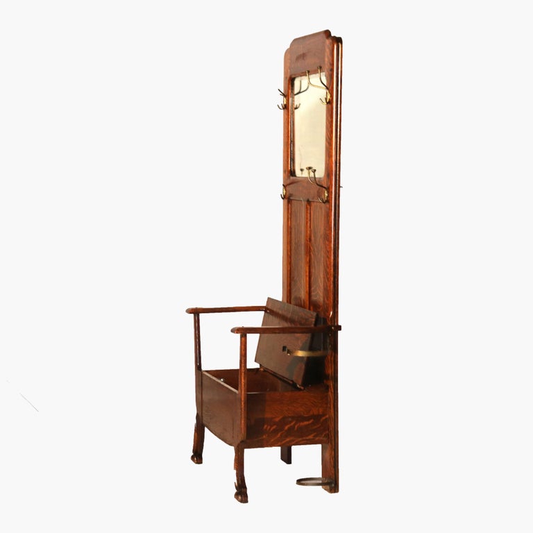Antique Stickley School Arts & Crafts Oak Hall Seat with Mirror & Hook c1920