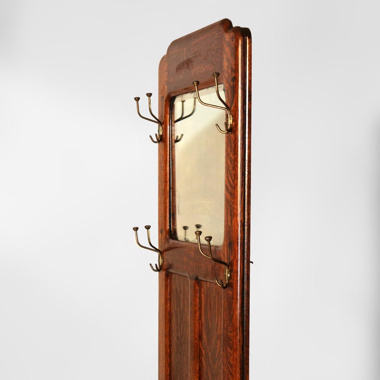 Antique Stickley School Arts & Crafts Oak Hall Seat with Mirror & Hook c1920