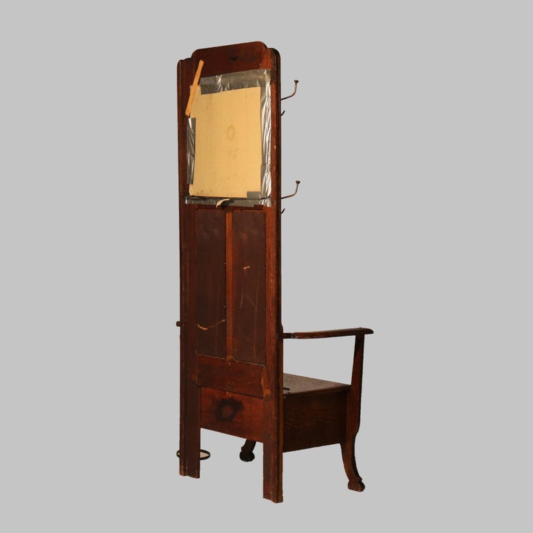 Antique Stickley School Arts & Crafts Oak Hall Seat with Mirror & Hook c1920