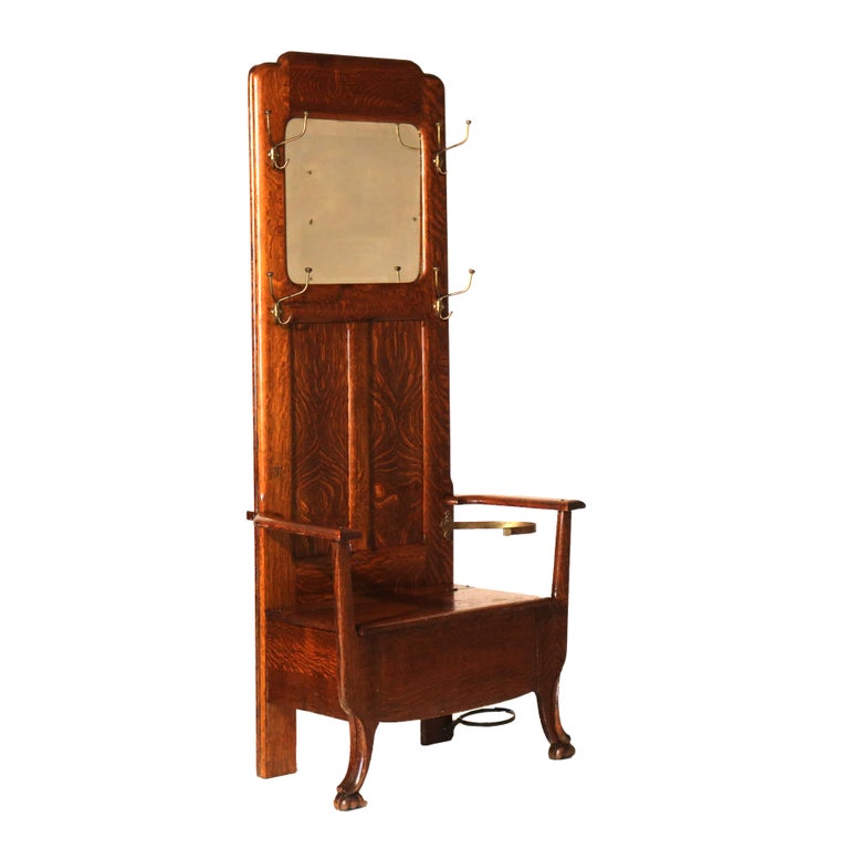 Antique Stickley School Arts & Crafts Oak Hall Seat with Mirror & Hook c1920