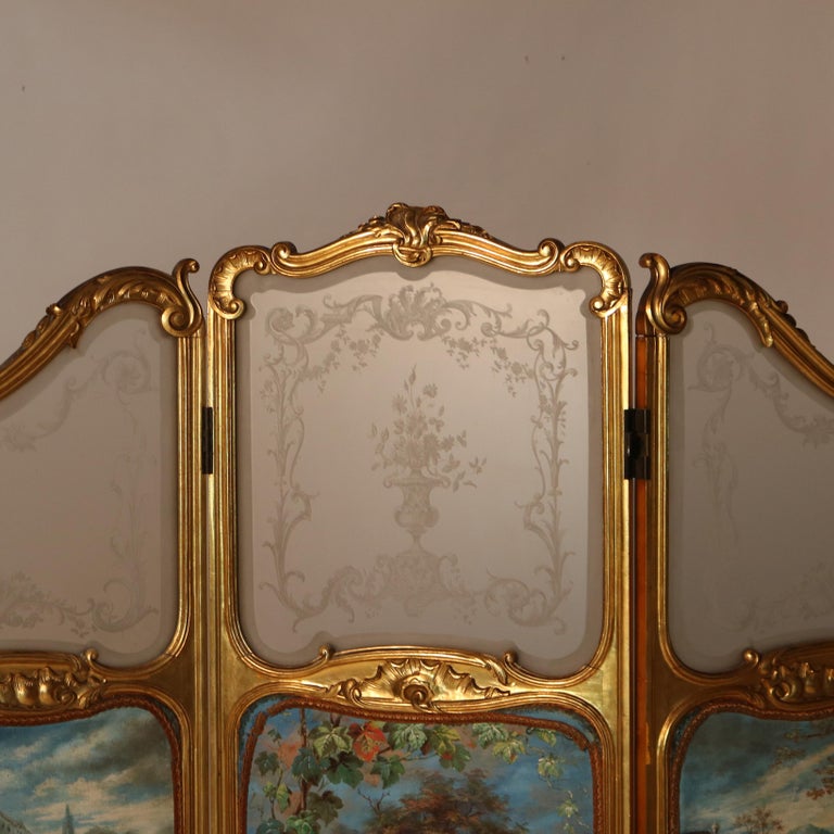 Antique Louis XIV Gilt Wood Three Panel Screen Unsigned C1890