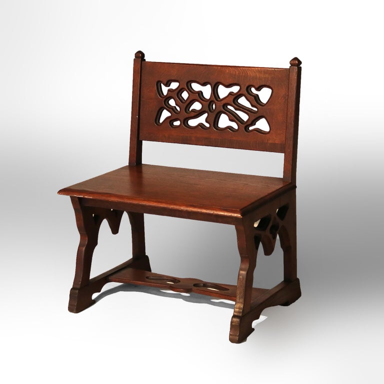 Antique Gothic Arts & Crafts Carved Oak Small Bench C1920