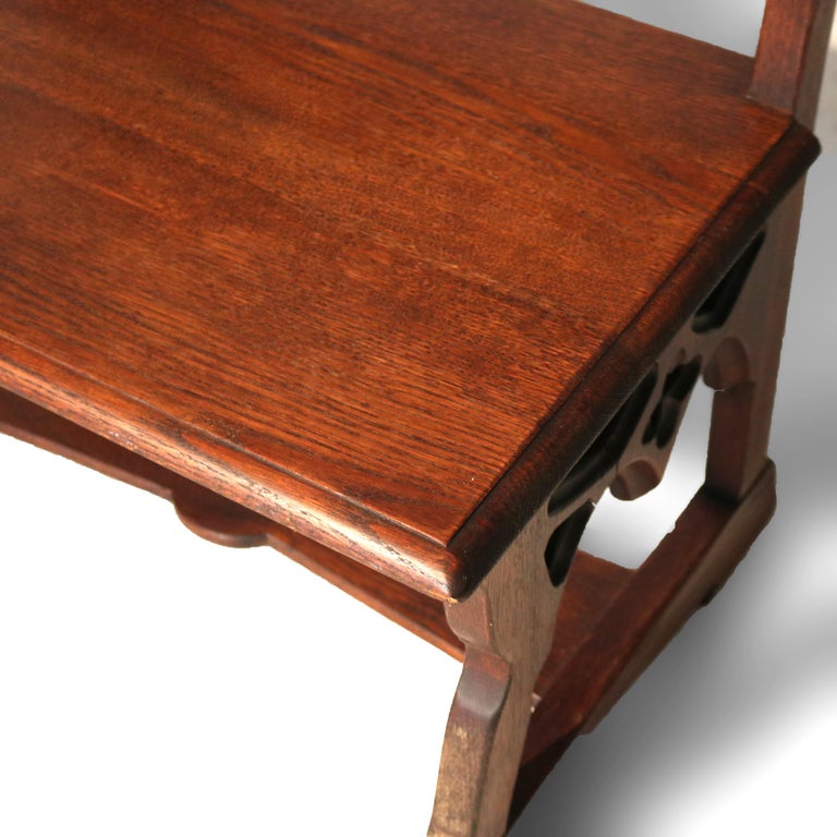 Antique Gothic Arts & Crafts Carved Oak Small Bench C1920