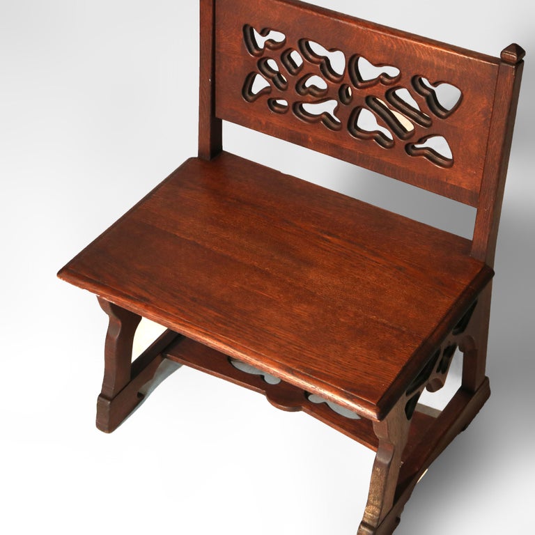 Antique Gothic Arts & Crafts Carved Oak Small Bench C1920