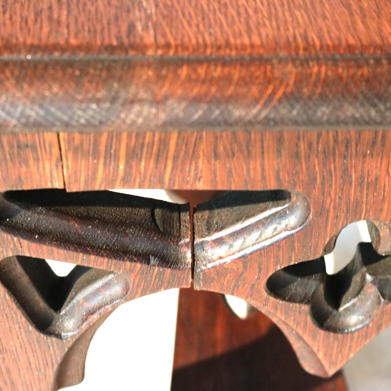 Antique Gothic Arts & Crafts Carved Oak Small Bench C1920