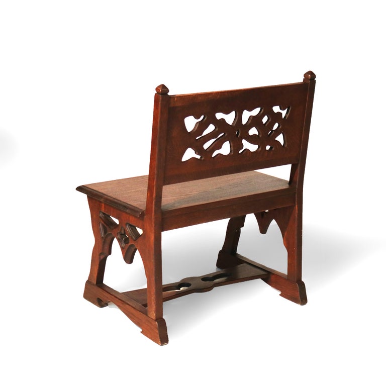 Antique Gothic Arts & Crafts Carved Oak Small Bench C1920