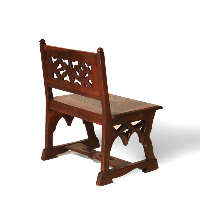 Antique Gothic Arts & Crafts Carved Oak Small Bench C1920