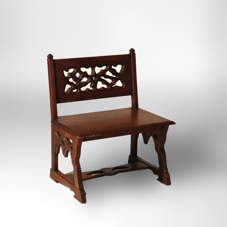 Antique Gothic Arts & Crafts Carved Oak Small Bench C1920