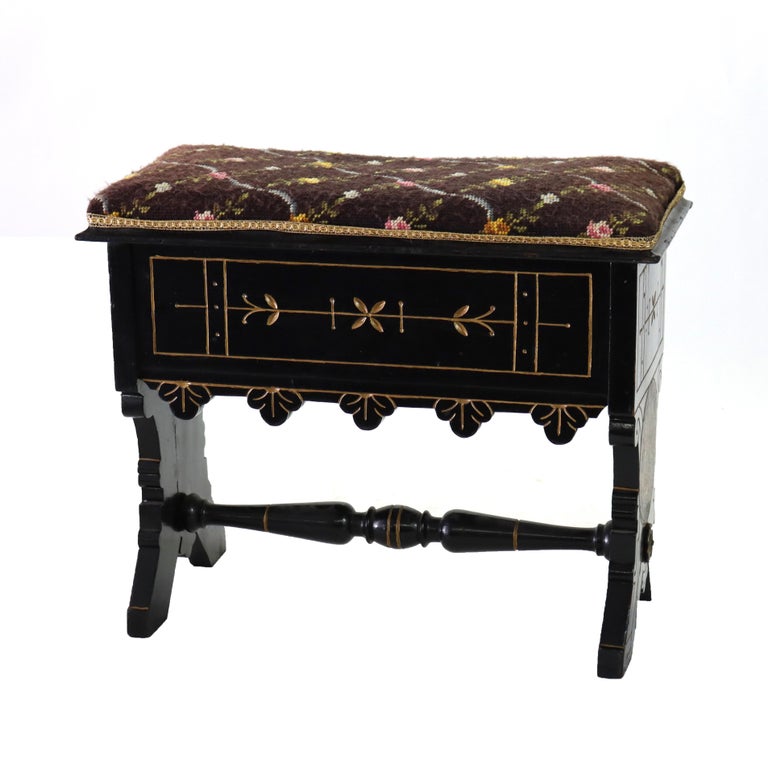 Aesthetic Movement Ebonized & Gilt Needlepoint Footstool With Handpainted Panels