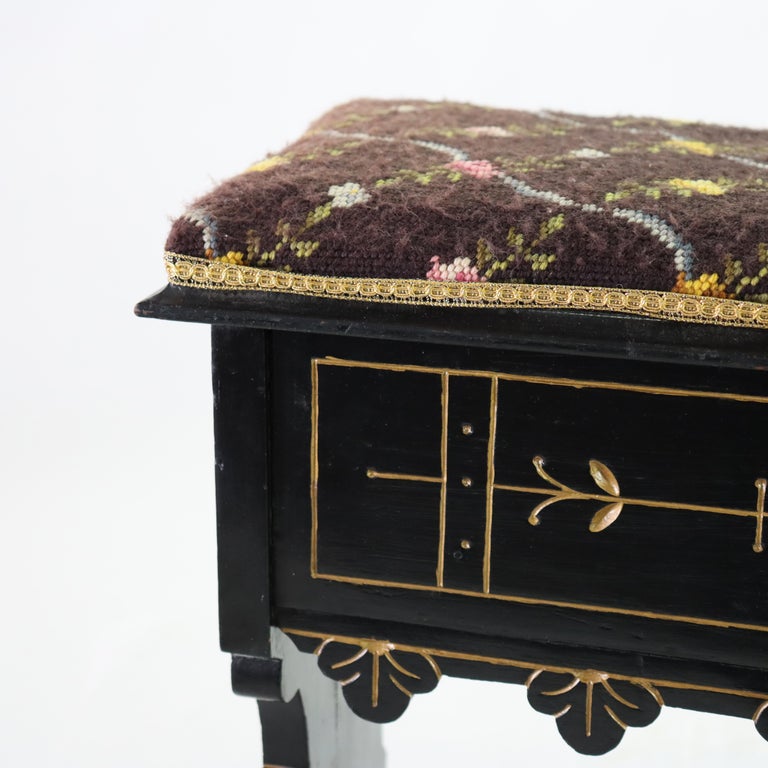 Aesthetic Movement Ebonized & Gilt Needlepoint Footstool With Handpainted Panels
