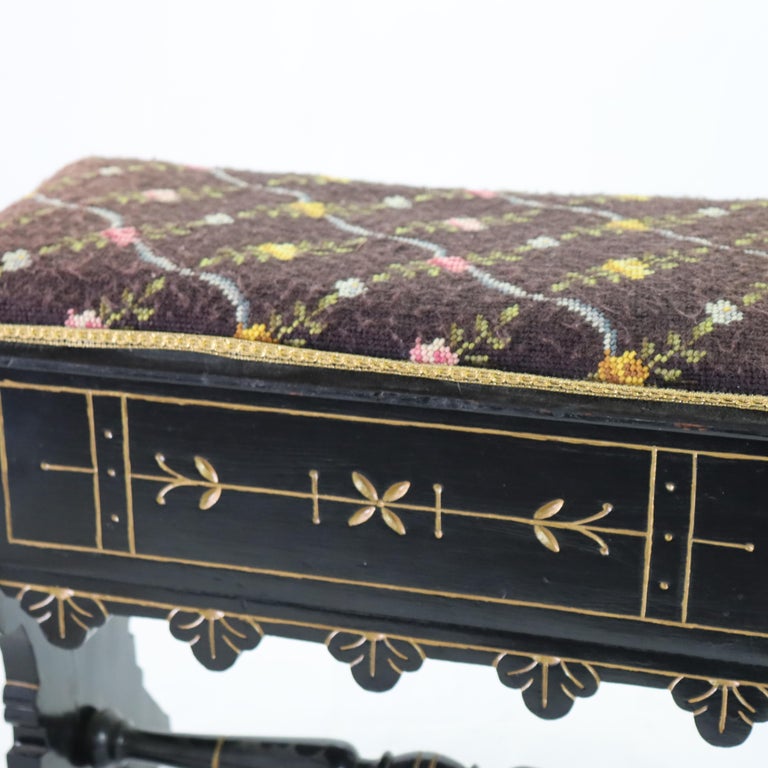 Aesthetic Movement Ebonized & Gilt Needlepoint Footstool With Handpainted Panels