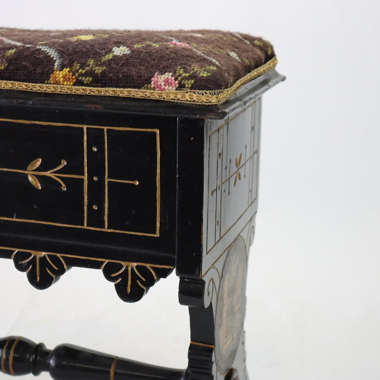 Aesthetic Movement Ebonized & Gilt Needlepoint Footstool With Handpainted Panels