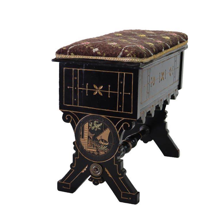 Aesthetic Movement Ebonized & Gilt Needlepoint Footstool With Handpainted Panels