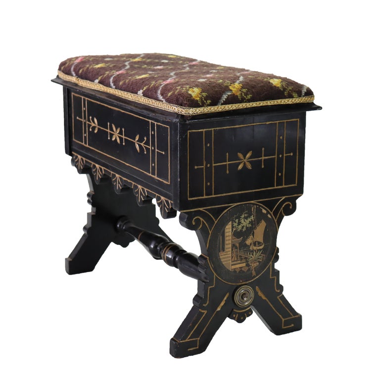 Aesthetic Movement Ebonized & Gilt Needlepoint Footstool With Handpainted Panels