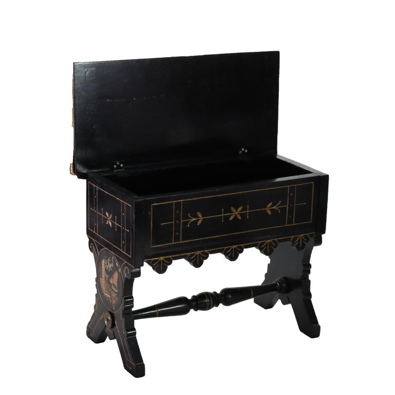 Aesthetic Movement Ebonized & Gilt Needlepoint Footstool With Handpainted Panels