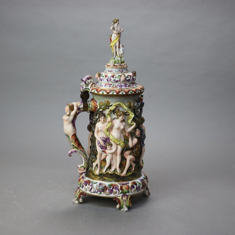 Oversized Antique Majolica Figural Footed Tankard with Classical Scene c1890