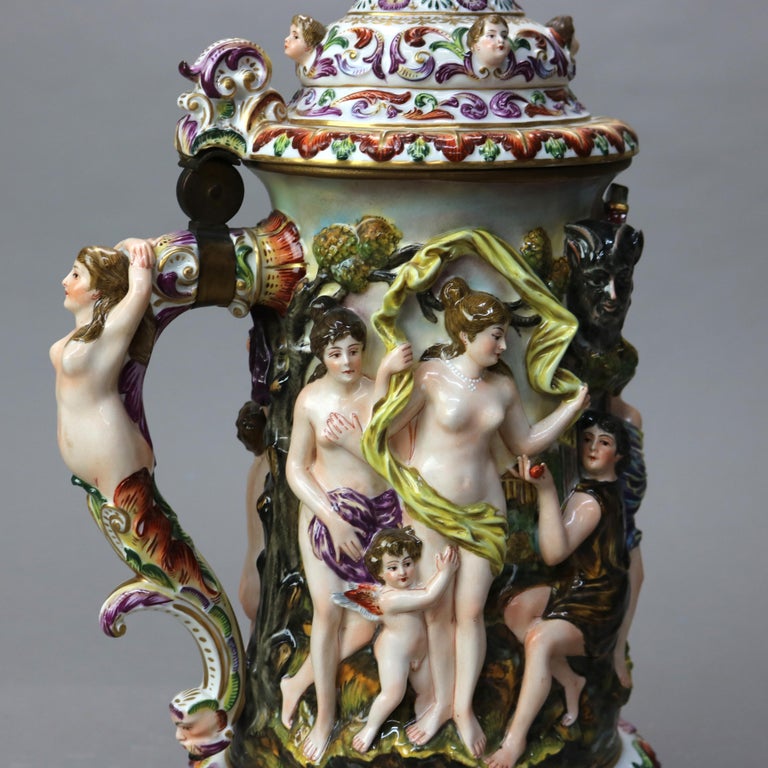Oversized Antique Majolica Figural Footed Tankard with Classical Scene c1890