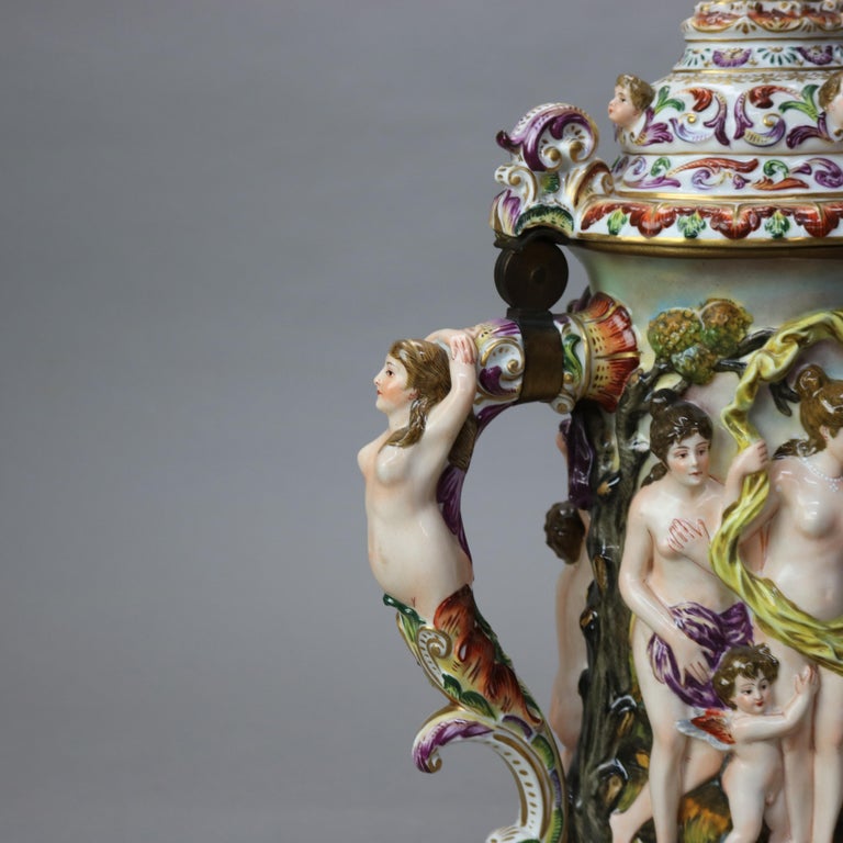 Oversized Antique Majolica Figural Footed Tankard with Classical Scene c1890