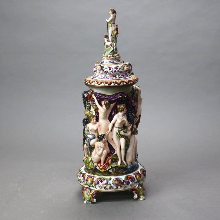 Oversized Antique Majolica Figural Footed Tankard with Classical Scene c1890