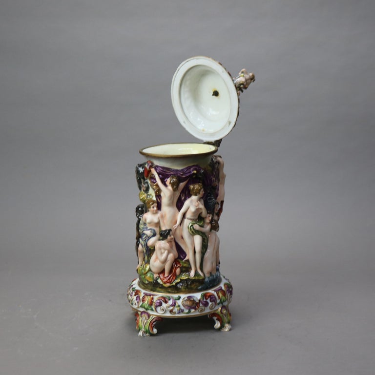 Oversized Antique Majolica Figural Footed Tankard with Classical Scene c1890