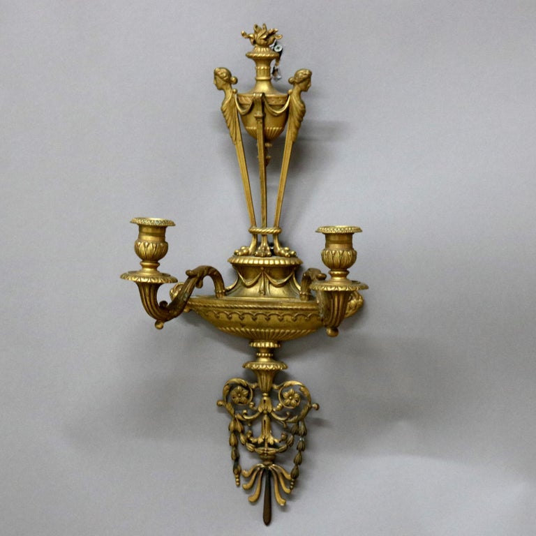 Antique Caldwell & Co. French Empire Bronze Two-Candle Wall Sconce with Seal