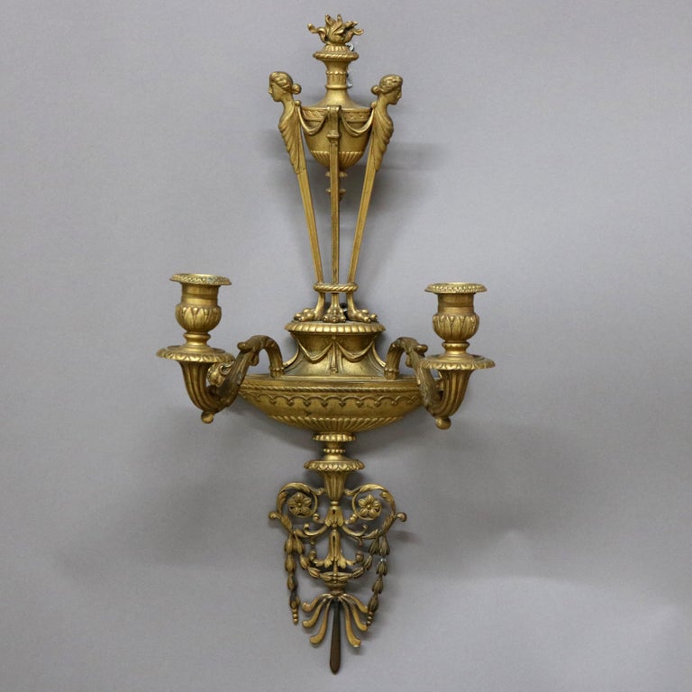 Antique Caldwell & Co. French Empire Bronze Two-Candle Wall Sconce with Seal