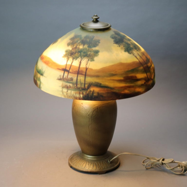 Arts & Crafts Jefferson Reverse Painted Table Lamp with Landscape Scene C1920