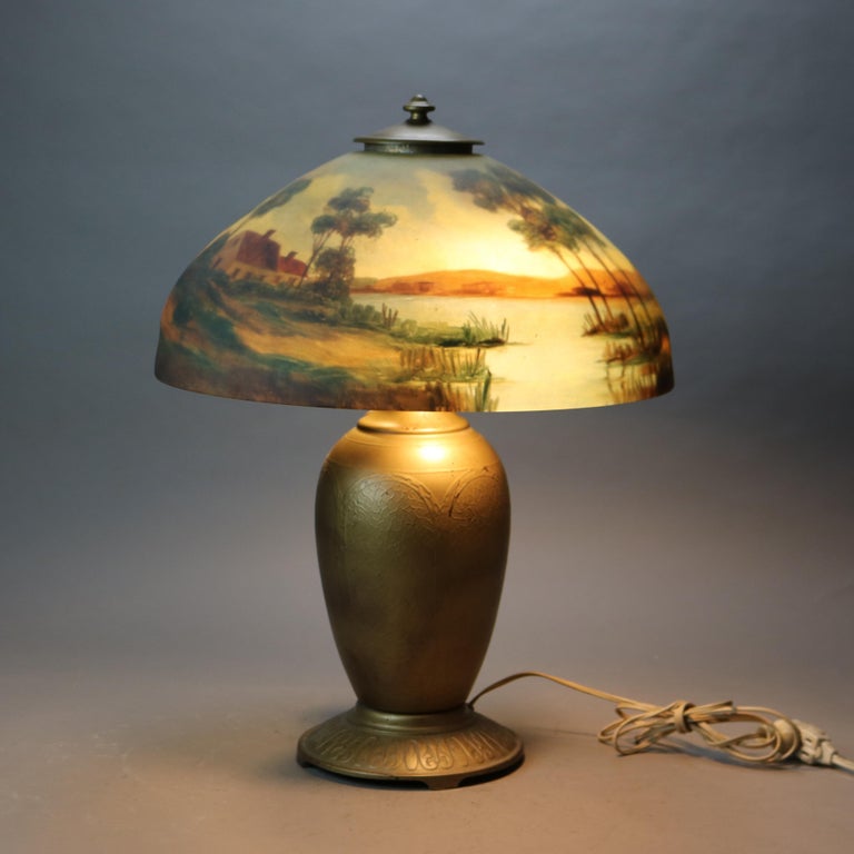 Arts & Crafts Jefferson Reverse Painted Table Lamp with Landscape Scene C1920