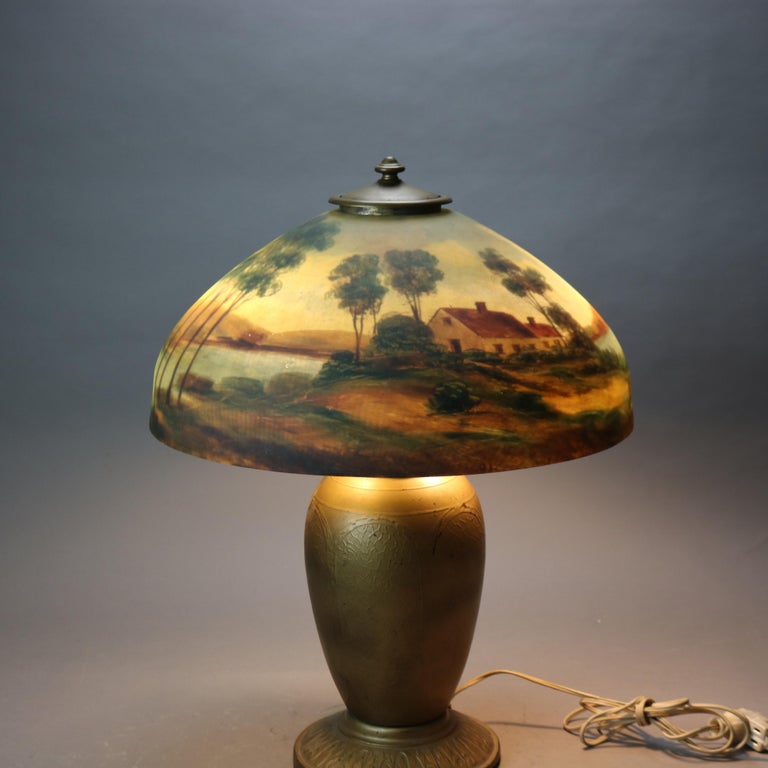 Arts & Crafts Jefferson Reverse Painted Table Lamp with Landscape Scene C1920