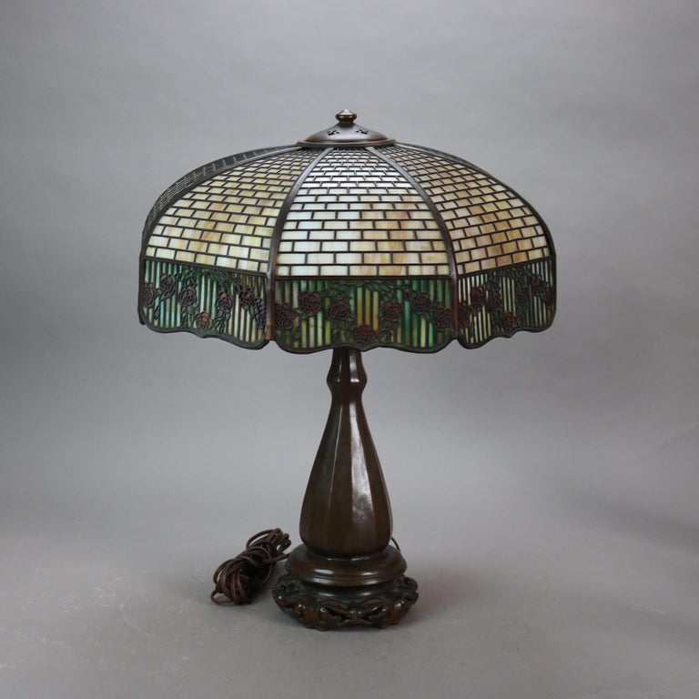 Handel Arts & Crafts Bronze Overlay Table Lamp with Painted Rose Elements c1920