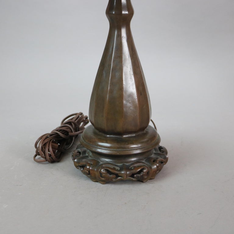 Handel Arts & Crafts Bronze Overlay Table Lamp with Painted Rose Elements c1920