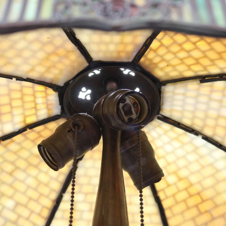 Handel Arts & Crafts Bronze Overlay Table Lamp with Painted Rose Elements c1920