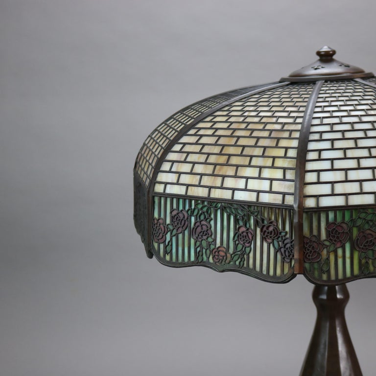 Handel Arts & Crafts Bronze Overlay Table Lamp with Painted Rose Elements c1920
